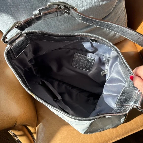 Coach Peyton White Canvas C Monogram Metallic Silver Leather Hobo Bag - Picture 3 of 5